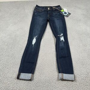 Indigo Rein Jeans Juniors 3 Blue Dark Wash Mid Rise Ankle Distressed Stretch